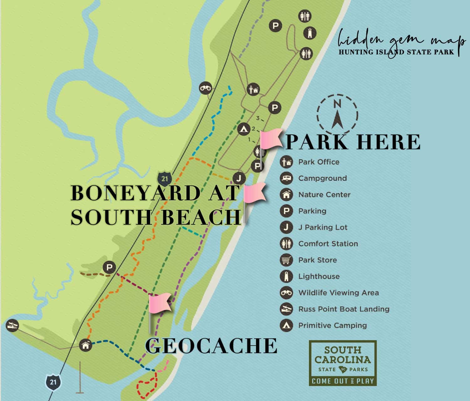 Map showing exactly where to park, where Boneyard Beach is located, and where the hidden geocache is at for your next trip to Hunting Island State Park.