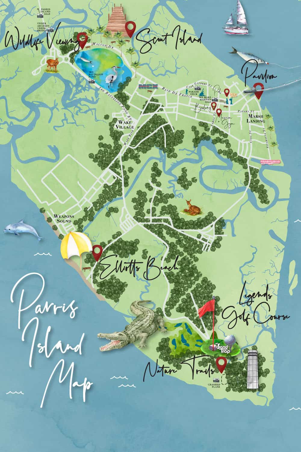 Watercolor rendering of the military base Parris Island in Beaufort, South Carolina indicating things to do and how to get there