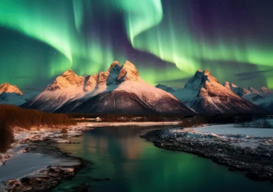 a stunning representation of green ribbons of northern lights dancing in the sky over a snowy mountain with a river in the foreground