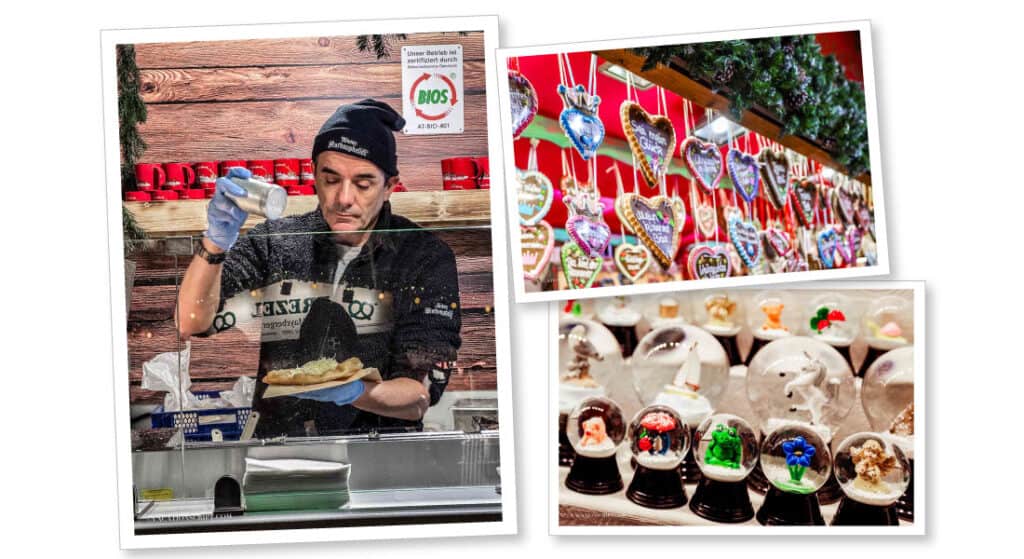 guy making langos, heart shaped cookies for sale, snowglobes