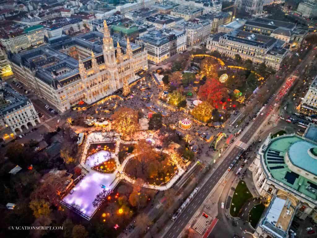 Drone view of the entire Christmas Market in Vienna at Rathausplatz Park