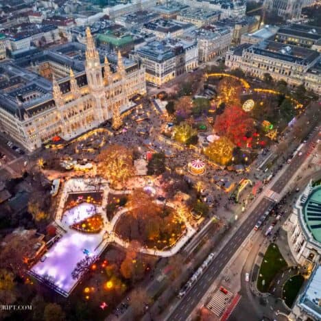 Drone view of the entire Christmas Market at Rathausplatz Park