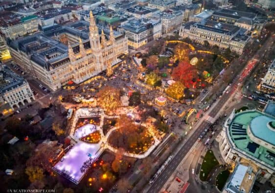 Drone view of the entire Christmas Market at Rathausplatz Park