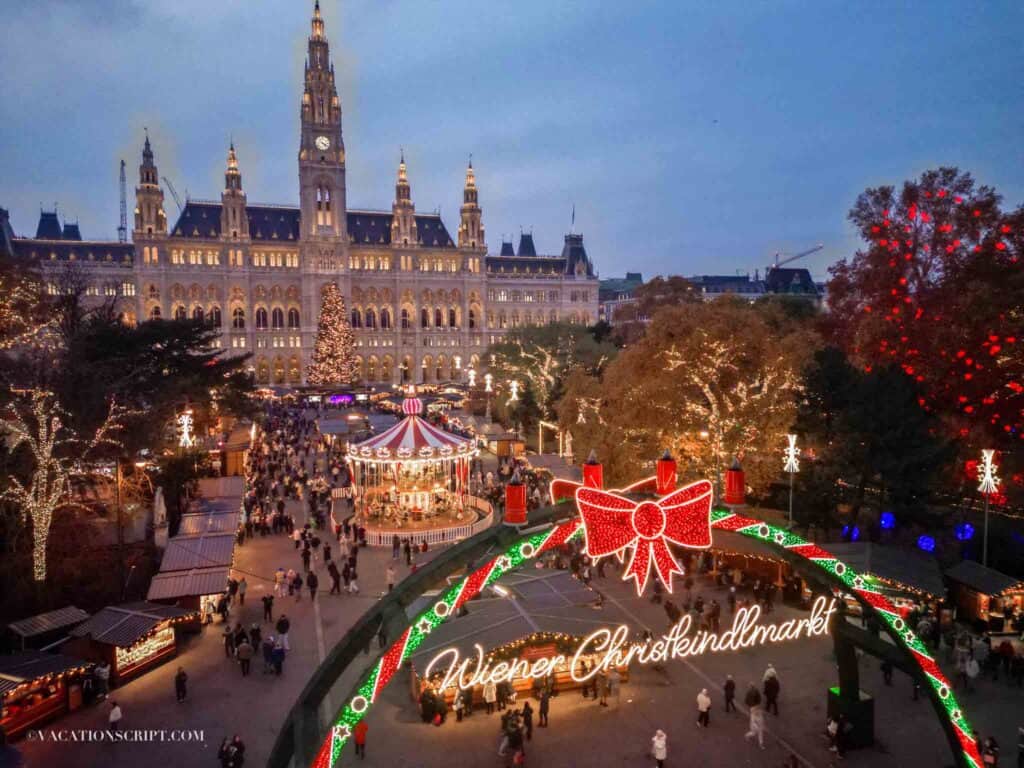 Birds eye view of the Christmas Market at Town Hall Square in Vienna