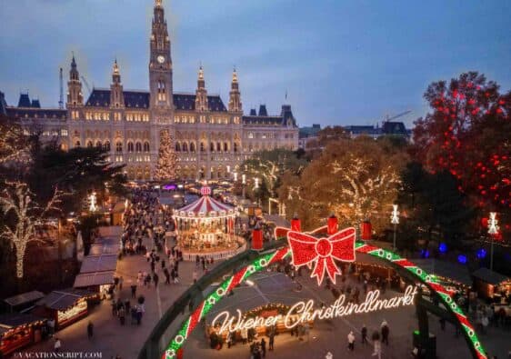 Birds eye view of the Christmas Market at Town Hall Square in Vienna