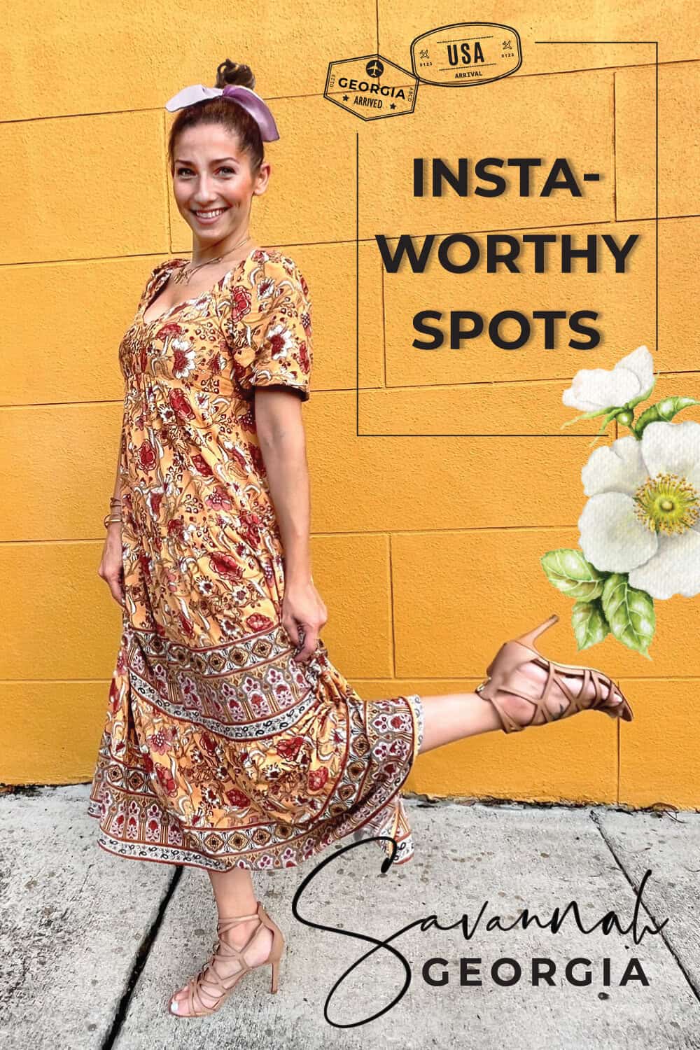Woman in a yellow dress with red-orange flower accents poses in front of a bright yellow building in Savannah, Georgia — one of the top 10 Savannah Instagram spots — wearing tan heels and a lavender hair bow with leg popped for a playful pose.