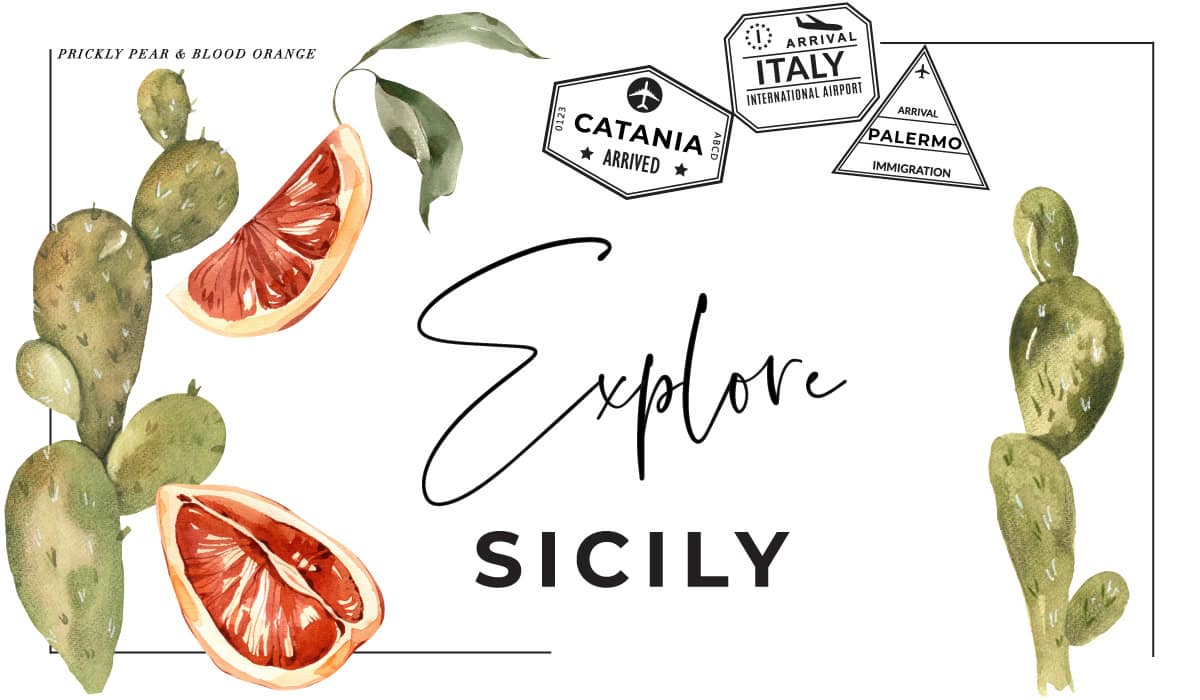 explore sicily title with prickly pear cactus and blood orange decorations and passport stamps