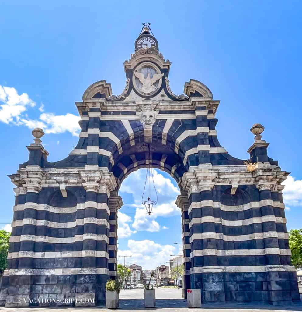 Porta Garibaldi in Catania, featuring striking black and white stripes, stands smaller than before but remains an iconic landmark at the city’s heart.