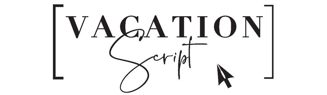 The Vacation Script Logo: Left bracket Vacation in block capital text, Script in cursive with a mouse cursor inside the right bracket.